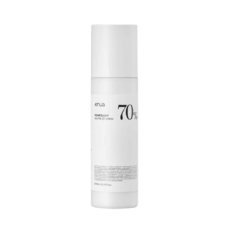 ANUA Heartleaf 70% Daily Relief Lotion is a soothing moisturizer designed to calm and hydrate the skin. Enriched with 70% Houttuynia Cordata Extract, it provides potent anti-inflammatory benefits, reducing irritation and promoting skin health. This lotion also features a blend of hydrating ingredients like Glycerin, Sodium Hyaluronate, and Hydrolyzed Hyaluronic Acid, which deeply moisturize and help retain skin moisture. Suitable for daily use, it leaves the skin feeling soft, refreshed, and comfortably hyd