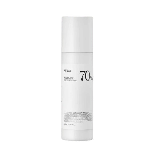 ANUA Heartleaf 70% Daily Relief Lotion is a soothing moisturizer designed to calm and hydrate the skin. Enriched with 70% Houttuynia Cordata Extract, it provides potent anti-inflammatory benefits, reducing irritation and promoting skin health. This lotion also features a blend of hydrating ingredients like Glycerin, Sodium Hyaluronate, and Hydrolyzed Hyaluronic Acid, which deeply moisturize and help retain skin moisture. Suitable for daily use, it leaves the skin feeling soft, refreshed, and comfortably hyd