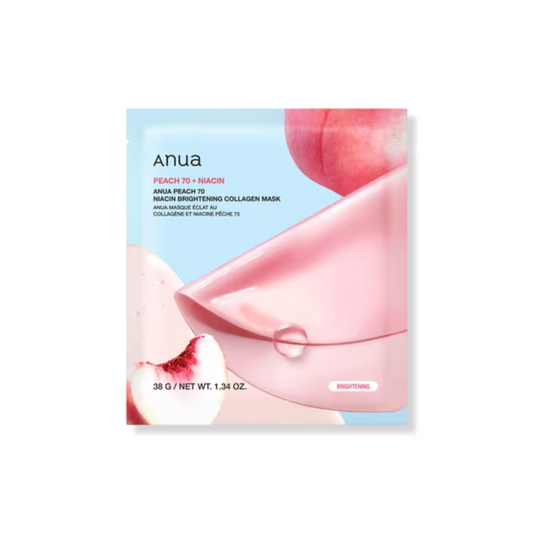 ANUA Peach 70 Niacin Brightening Collagen Mask is a radiance-boosting sheet mask infused with 70% Peach Fruit Water, Niacinamide, and Collagen to hydrate, brighten, and revitalize dull skin. Enriched with a blend of Hyaluronic Acids and Peach Flower Extract, it helps improve skin tone and elasticity while leaving the skin dewy and refreshed. Ideal for dry, dull, and tired skin.