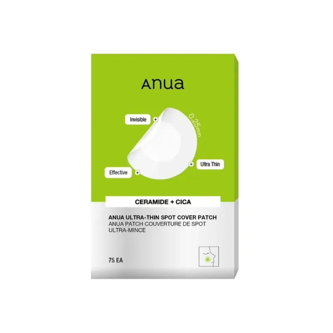 ANUA Ultra-Thin Spot Cover Patch is a discreet, breathable patch designed to protect and heal blemishes. Infused with Centella Asiatica, Aloe Vera, and Ceramide NP, it helps soothe irritation, reduce redness, and support skin recovery. The ultra-thin design blends seamlessly under makeup, making it ideal for day or night use.