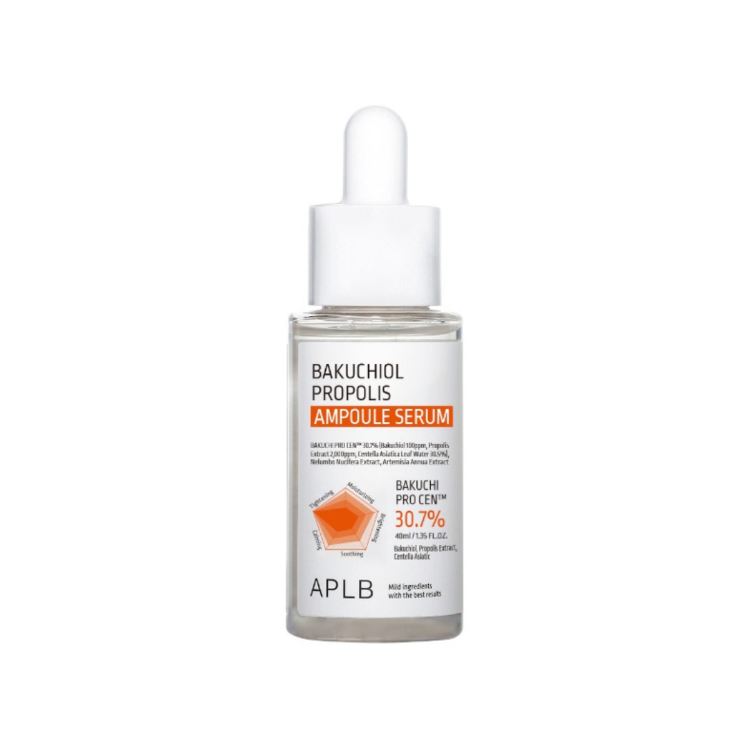 APLB Bakuchiol Propolis Ampoule Serum is a gentle, plant-based alternative to retinol, perfect for sensitive skin. Formulated with Bakuchiol, Propolis Extract, and Centella Asiatica Leaf Water, it helps improve skin texture, calm irritation, and boost radiance without harsh side effects. Nourishing ingredients like Hydrolyzed Collagen, Panthenol, and Squalane support hydration and elasticity, making it ideal for soothing, anti-aging care.