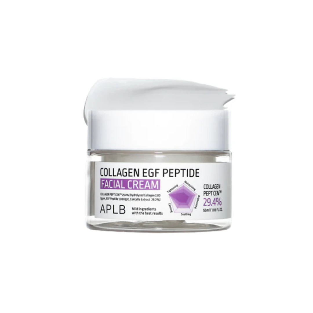 APLB Collagen EGF Peptide Facial Cream is a nourishing anti-aging moisturizer that helps firm, hydrate, and repair the skin. Formulated with Centella Asiatica Extract, Hydrolyzed Collagen, and EGF, it supports skin regeneration, improves elasticity, and smooths fine lines. Enriched with Shea Butter, Macadamia Oil, and Squalane, this cream deeply moisturizes, while Tea Tree, Rice, and Lotus Extracts soothe and balance the skin. Lightweight yet rich in nutrients, it leaves the complexion soft, resilient, and