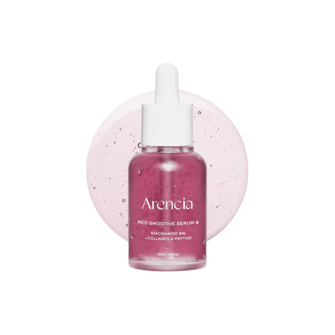 ARENCIA Fresh Red Smoothie Serum 8 is a brightening and nourishing serum packed with Niacinamide, Arbutin, and Vitamin C derivatives to improve skin tone and radiance. Infused with antioxidant-rich berry and flower extracts, Ferulic Acid, and Collagen, it helps revitalize dull skin while providing lightweight hydration. Perfect for daily glow and tone-up care.