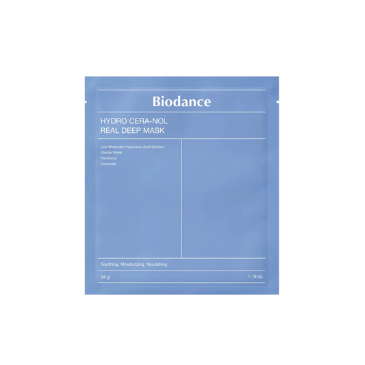 BIODANCE Hydro Cera-Nol Real Deep Mask is a deeply nourishing facial mask that intensely hydrates and restores the skin's barrier. Featuring a rich blend of Ceramides and Hyaluronic Acid, this mask locks in moisture and repairs dry, sensitive skin. Infused with Niacinamide and Panthenol, it also soothes inflammation and enhances skin's natural radiance, leaving it soft, supple, and revitalized