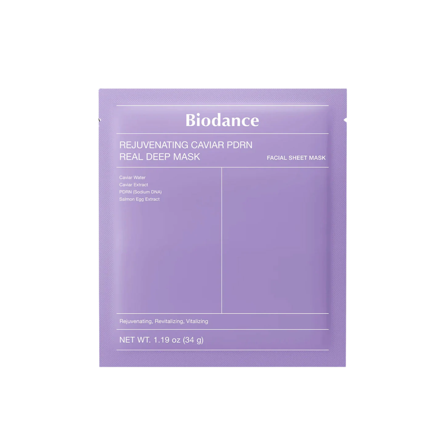 BIODANCE Rejuvenating Caviar PDRN Real Deep Mask is a nourishing sheet mask made to help improve the look of dryness, dullness, and loss of firmness. Formulated with Caviar Water, PDRN, Salmon Egg Extract, Niacinamide, Shea Butter, Jojoba Oil, and Moringa Seed Oil, it helps deliver deep moisture while supporting smoother, plumper, and more radiant-looking skin. This mask is especially suitable for normal, dry, and mature skin that needs extra nourishment, hydration, and elasticity care.