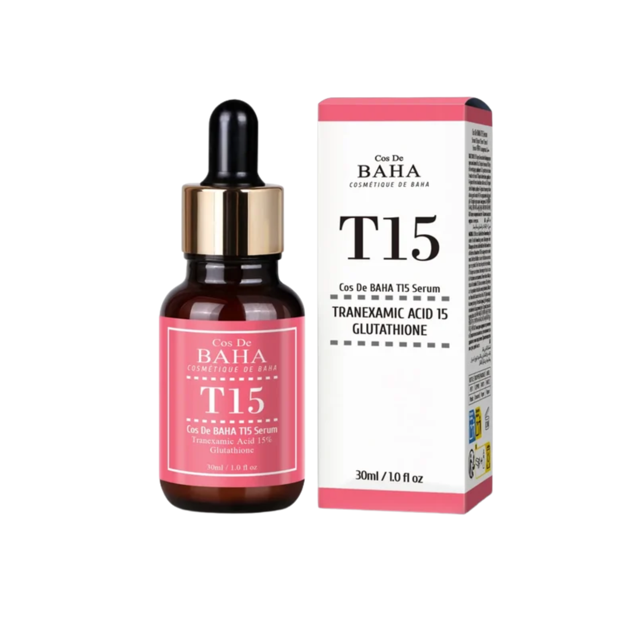 COS DE BAHA (T15) 15% Tranexamic Acid Glutathione Serum is a lightweight brightening serum made to improve the look of dark spots, dullness, and uneven skin tone. Enriched with 15% Tranexamic Acid, Glutathione, Panthenol, Allantoin, Hyaluronic Acid, Green Tea Extract, and soothing botanical extracts, it helps hydrate, calm, and support a clearer, more radiant-looking complexion. Ideal for dull, uneven, normal, combination, and pigmentation-prone skin.