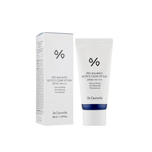 DR. CEURACLE Pro Balance Biotics Clear Up Sun is a lightweight mineral sunscreen with broad-spectrum protection. Featuring Zinc Oxide and Titanium Dioxide, it shields skin while Lactobacillus Ferment and Bifida Ferment Lysate strengthen the skin barrier. Hyaluronic Acid hydrates, and Glutathione brightens, leaving skin calm and refreshed. Perfect for daily use with a smooth, non-greasy finish.