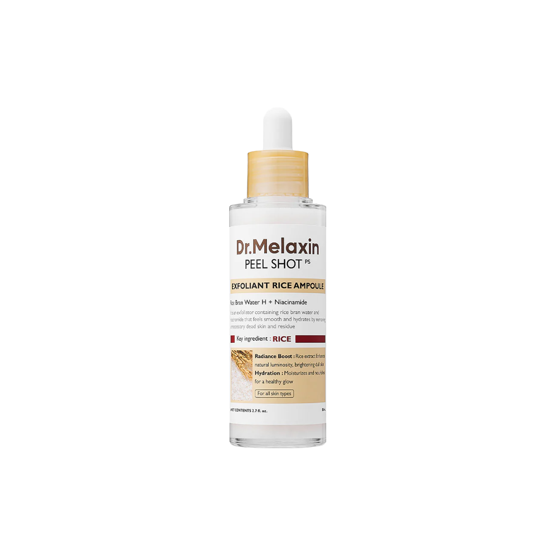DR. MELAXIN Peel Shot Exfoliant White Rice Ampoule is a gentle exfoliating ampoule powered by Rice Bran Water, Gluconolactone (PHA), and Salicylic Acid (BHA) to smooth and refine skin texture. Enriched with Hyaluronic Acid, Niacinamide, and Arbutin, it helps hydrate, brighten, and even out the complexion while minimizing the appearance of pores. Ideal for those seeking daily exfoliation with added radiance and moisture. Suitable for most skin types.