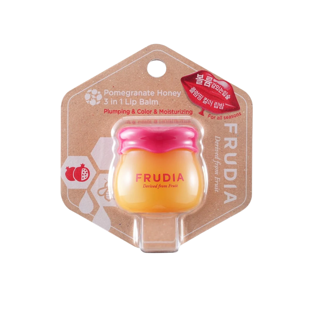 FRUDIA Pomegranate Honey 3in1 Lip Balm is a nourishing balm that moisturizes, plumps, and adds shine to dry lips. Enriched with Pomegranate Extract, Honey, and Shea Butter, it delivers rich hydration while Menthol and Spearmint Oil provide a refreshing feel. Infused with Hyaluronic Acid, Collagen, and plant oils like Apricot and Mango, this balm helps smooth and soften for healthy-looking lips with a natural glow.