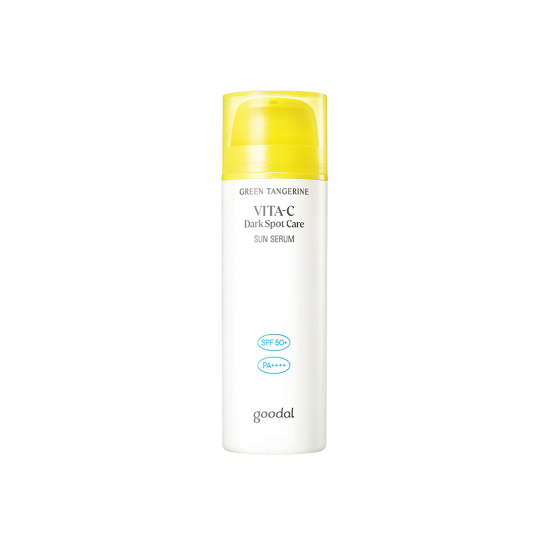 GOODAL Green Tangerine Vita C Dark Spot Care Sun Serum combines powerful sun protection with brightening care. Infused with Tangerine Extract and Niacinamide, it targets dark spots and uneven skin tone while shielding against UV rays. Ascorbyl Glucoside and Arbutin provide additional brightening benefits, promoting a radiant complexion. It ensures broad-spectrum UV protection, and soothing ingredients like Allantoin and Dipotassium Glycyrrhizate calm and hydrate the skin. Lightweight and non-sticky, this se