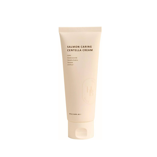 HEVEBLUE Salmon Caring Centella Cream is a soothing and nourishing moisturizer designed to calm sensitive skin and improve overall skin texture. Infused with Centella Asiatica Leaf Water and Madecassoside, it helps reduce redness and support skin healing. Salmon Egg Extract and Sodium DNA promote skin regeneration, while Hydrolyzed Collagen and Hyaluronic Acid deliver deep hydration and firming care. With added Avocado Fruit Extract, Panthenol, and Sunflower Seed Oil, this cream strengthens the skin barrier