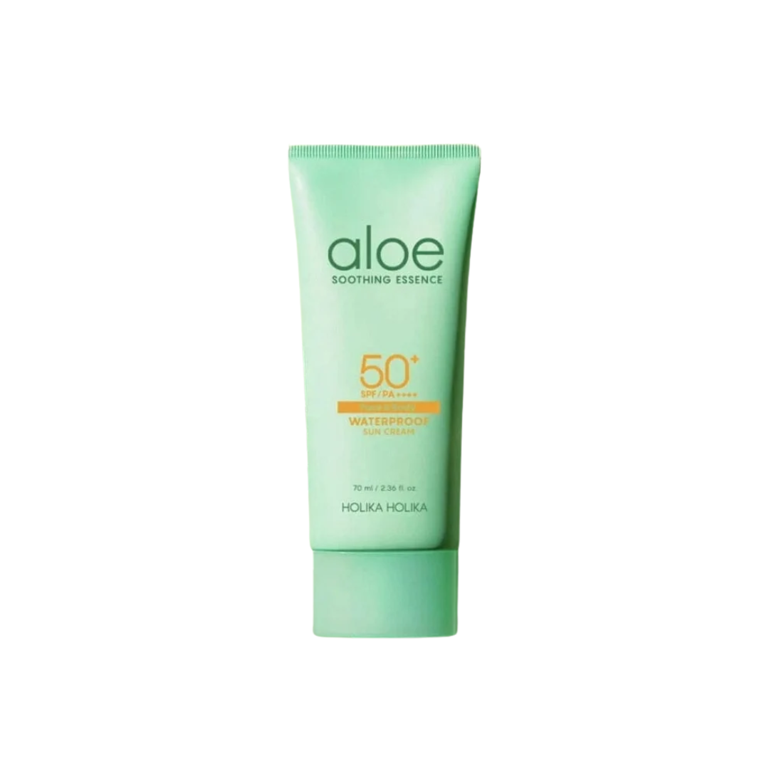 HOLIKA HOLIKA Aloe Soothing Essence Waterproof Sun Cream offers SPF50+ PA++++ protection with a lightweight, waterproof formula. Infused with Aloe Vera, Centella Asiatica, and Houttuynia Cordata Extracts, it soothes, hydrates, and calms the skin while defending against UV rays. With added Sunflower Seed Oil and Avocado Extract, it nourishes and strengthens the skin barrier, making it perfect for daily outdoor use.