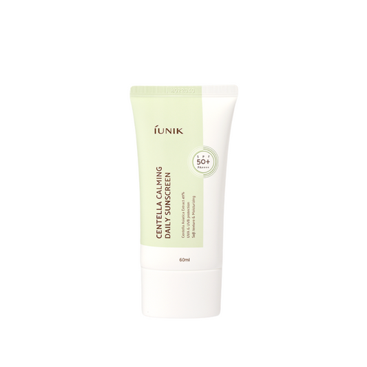 IUNIK Centella Calming Daily Sunscreen is a lightweight, non-greasy sunscreen that protects and soothes sensitive skin. Enriched with Centella Asiatica Extract, Niacinamide, and Beta-Glucan, it helps calm irritation, brighten the complexion, and strengthen the skin barrier. Offering strong UV protection with a smooth, hydrating finish, it’s perfect for daily use on all skin types, especially sensitive or redness-prone skin.