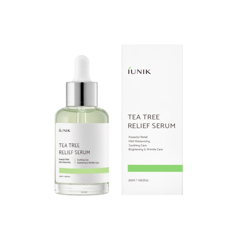 IUNIK Tea Tree Relief Serum blends Tea Tree and Centella to purify and calm breakout-prone skin. Antioxidant-rich botanical extracts help reduce irritation, even skin tone, and support a healthier barrier, while hydrating ingredients keep skin soft and balanced without heaviness