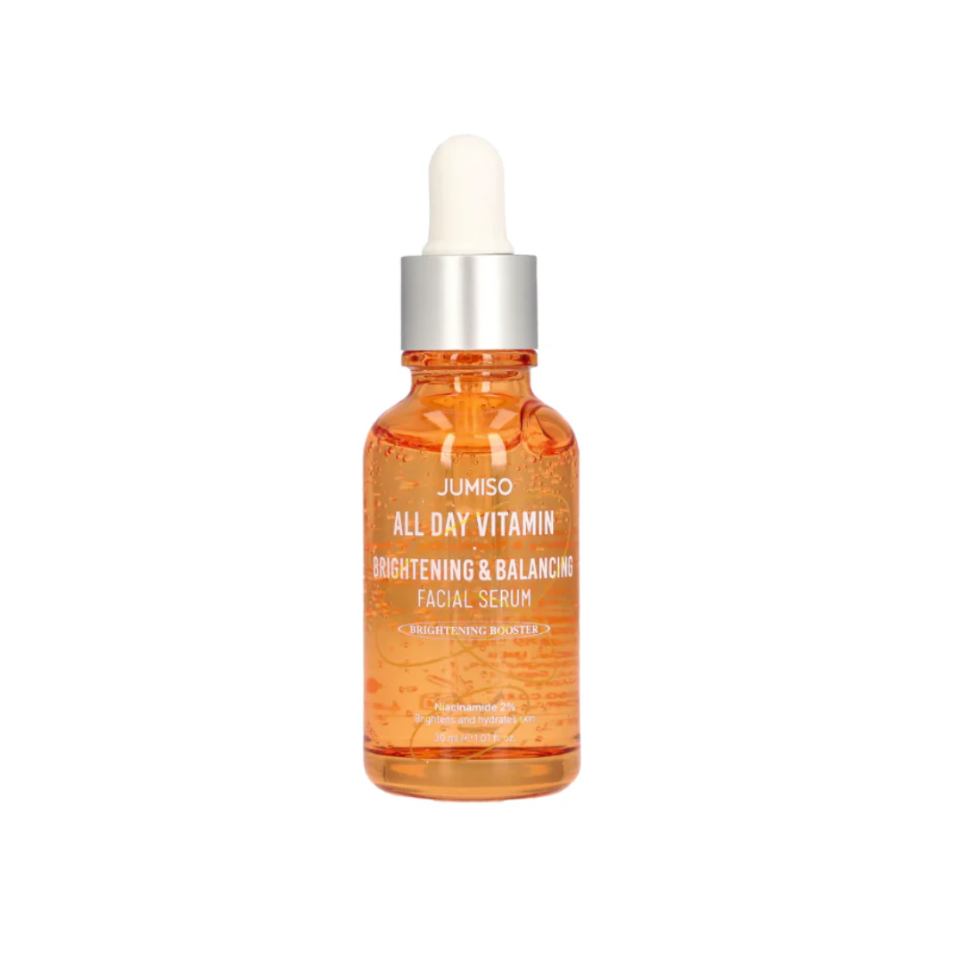 JUMISO All Day Vitamin Brightening & Balancing Facial Serum is a refreshing daily serum that helps brighten dull skin and maintain a balanced complexion. Enriched with Niacinamide, botanical extracts, and hydrating ingredients, it absorbs easily to leave skin smooth, hydrated, and visibly refreshed.