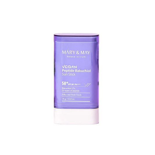 MARY & MAY Vegan Peptide Bakuchiol Sun Stick provides SPF protection while nourishing your skin with a blend of Bakuchiol and peptides for a youthful glow. Its lightweight, non-greasy formula includes Titanium Dioxide for sun defense and Tocopherol (Vitamin E) for antioxidant care. With hydrating Butylene Glycol and soothing plant-based oils, this stick ensures smooth application and a radiant finish. Perfect for all-day, portable sun care.
