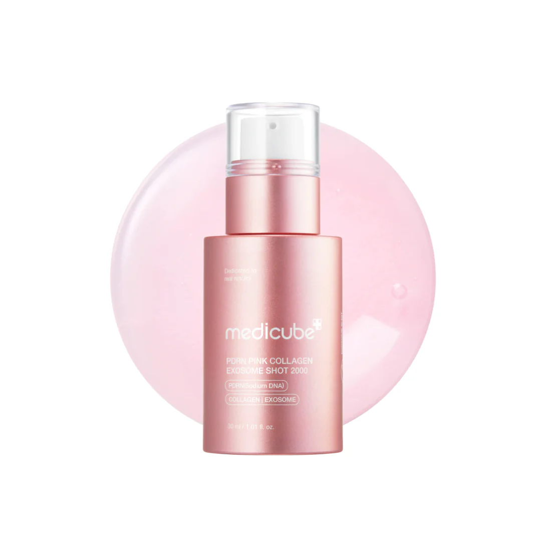 MEDICUBE PDRN Pink Collagen Exosome Shot 2000 is an intensive treatment serum designed to firm, brighten, and deeply hydrate the skin. Packed with PDRN (Sodium DNA), Collagen, and Exosomes, it helps improve skin elasticity and support regeneration. Enriched with Niacinamide, Retinol, and multiple forms of Hyaluronic Acid, it targets fine lines, dullness, and dryness—leaving skin smoother, plumper, and visibly more radiant. Ideal for those looking to boost glow and fight signs of aging.