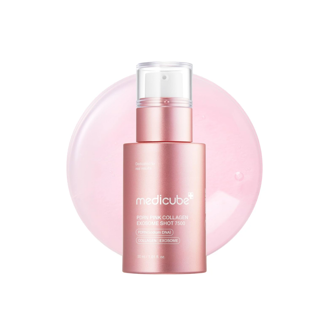 MEDICUBE PDRN Pink Collagen Exosome Shot Serum 7500 is a revitalizing serum designed to boost skin elasticity and hydration. Infused with PDRN, Milk Exosomes, and Collagen Extract, it helps improve skin texture and firmness while deeply moisturizing. With added Niacinamide, Retinol, and multiple forms of Hyaluronic Acid, this serum supports a brighter, smoother, and more youthful-looking complexion.