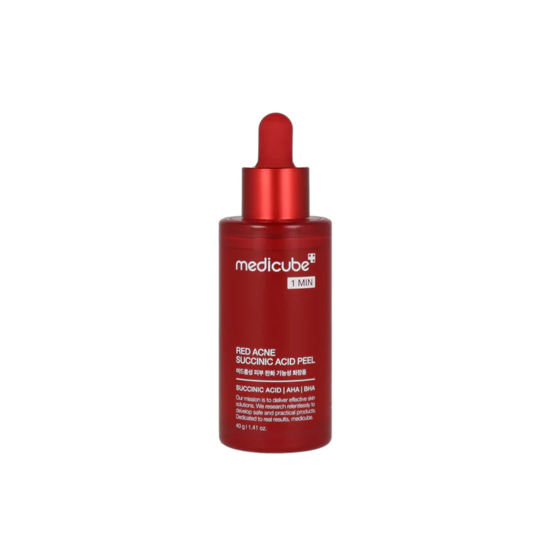 MEDICUBE Red Acne Succinic Acid Peel is a gentle exfoliating treatment designed to target breakouts and clogged pores. Formulated with Succinic Acid (5,000ppm), Lactic Acid, Salicylic Acid, and Glycolic Acid, it helps remove dead skin cells, clear excess sebum, and smooth skin texture. Soothing extracts like Panthenol and Allantoin help calm irritation, making it suitable for acne-prone and rough skin.