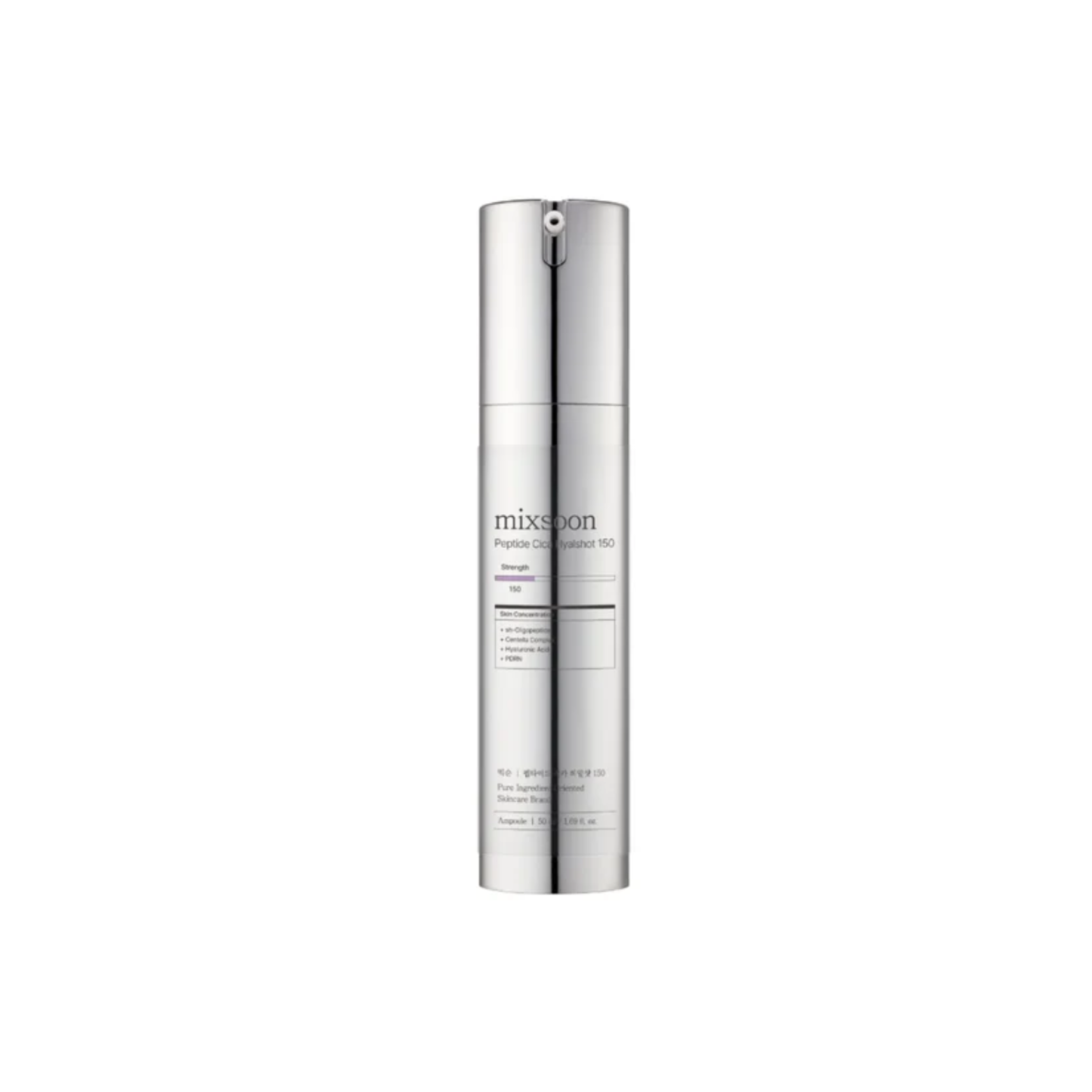 MIXSOON Peptide Cica Hyalshot 150 is a lightweight serum designed to calm, hydrate, and improve the look of firm, plump skin. Formulated with Centella Asiatica Complex, Peptides, PDRN, Niacinamide, and multiple forms of Hyaluronic Acid, it helps soothe sensitive skin, support the skin barrier, and brighten the complexion. The Hyaluronic Coating Spirule technology helps enhance absorption, leaving skin feeling smooth, refreshed, and deeply moisturized. Suitable for all skin types, especially sensitive, dehyd