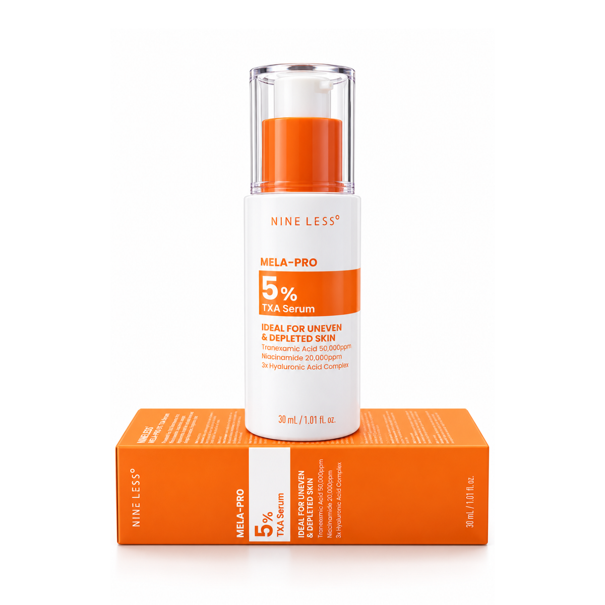NINELESS MELA-PRO 5% Tranexamic Acid Serum is a potent brightening serum designed to tackle hyperpigmentation and uneven skin tone. It contains 5% Tranexamic Acid, which effectively reduces dark spots and discoloration. Enhanced with Niacinamide and Vitamin C, this serum not only brightens but also improves overall skin texture and clarity. Additional ingredients like Glutathione and Allantoin soothe and protect the skin, promoting a healthier complexion. Suitable for all skin types, this serum is perfect f