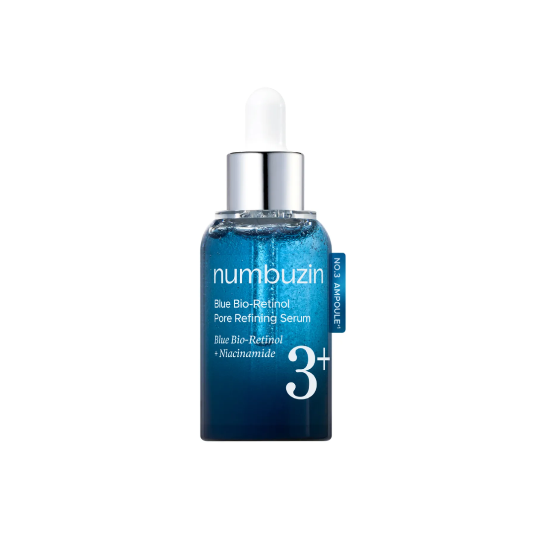 NUMBUZIN No.3 Blue Bio-Retinol Pore Refining Serum is a lightweight treatment designed to refine pores, smooth skin texture, and improve overall skin clarity. Formulated with Bio-Retinol and Retinol, it helps support skin renewal while minimizing the look of enlarged pores and uneven texture. Salicylic Acid gently clears clogged pores, while Niacinamide helps balance oil and brighten the complexion. Enriched with Panthenol, Centella Asiatica Extract, and Hydrolyzed Collagen, this serum soothes, hydrates, an
