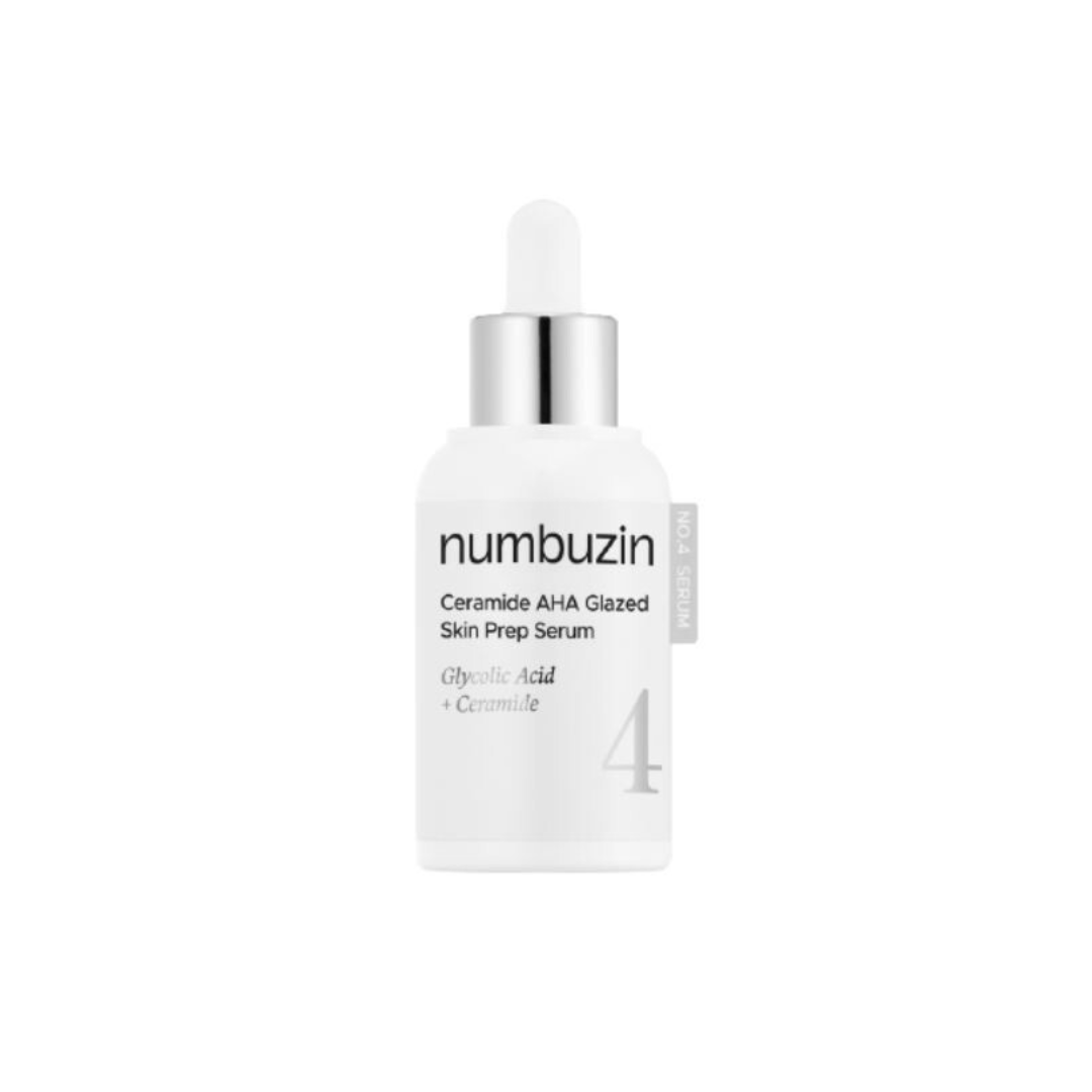 NUMBUZIN No.4 Ceramide AHA Glazed Skin Prep Serum is a skin-smoothing serum designed to gently exfoliate while strengthening the skin barrier. Formulated with Glycolic Acid and Gluconolactone (PHA), it helps remove dead skin cells and refine skin texture without excessive irritation. A multi-ceramide complex with Ceramide NP, Ceramide AP, Ceramide AS, Ceramide EOP, Cholesterol, and Phytosphingosine supports barrier repair and moisture retention. Enriched with Niacinamide, Panthenol, and multiple forms of Hy