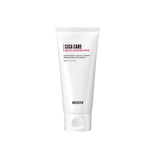 ROVECTIN Cica Care Relief Sleeping Pack is a soothing overnight mask that helps calm and repair the skin while you sleep. Infused with Centella Asiatica Extract, Madecassoside, and Calamine, it relieves irritation and strengthens the skin barrier. Panthenol and Allantoin provide deep hydration and comfort, while Glycerin and Betaine lock in moisture for lasting softness. With its lightweight, non-sticky texture, this sleeping pack leaves your skin smooth, refreshed, and revitalized by morning — perfect for