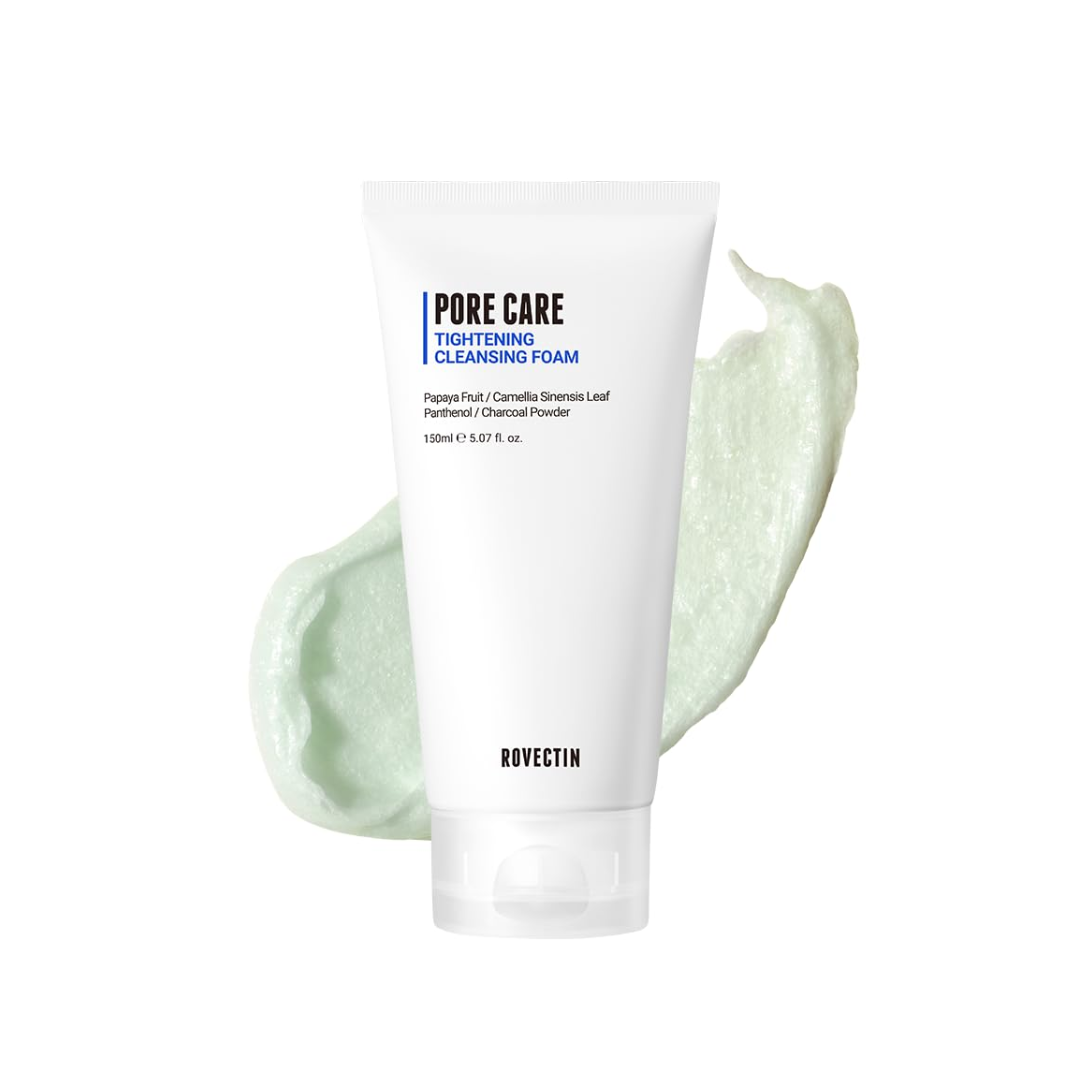 ROVECTIN Pore Care Tightening Cleansing Foam is a gentle yet effective foaming cleanser that deeply cleanses pores and removes excess oil. Formulated with fruit extracts, Charcoal Powder, and botanical ingredients, it helps refine skin texture while absorbing impurities. Panthenol and Allantoin soothe and hydrate the skin, leaving it clean, balanced, and refreshed without feeling dry.