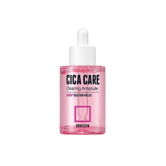 ROVECTIN Skin Essentials Cica Care Clearing Ampoule is a calming serum made for sensitive or acne-prone skin. With 73% Centella Asiatica Extract and Calamine, it soothes irritation and reduces redness. Niacinamide and Panthenol brighten and hydrate, while Beta-Glucan and botanical extracts support a healthy skin barrier. Ideal for troubled skin, it leaves your complexion clear, calm, and refreshed
