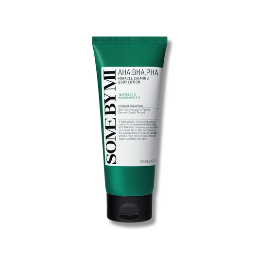 SOME BY MI AHA-BHA-PHA Miracle Calming Body Lotion is a gentle yet effective body care solution for rough, sensitive, or blemish-prone skin. Formulated with Tea Tree Leaf Extract, Centella Asiatica, and a trio of exfoliants — AHA, BHA, and PHA — it helps clear clogged pores, smooth texture, and calm irritation. Added Niacinamide brightens the skin, while Madecassoside and natural plant extracts support a healthy, balanced skin barrier. Perfect for daily use to soothe and refresh troubled skin.