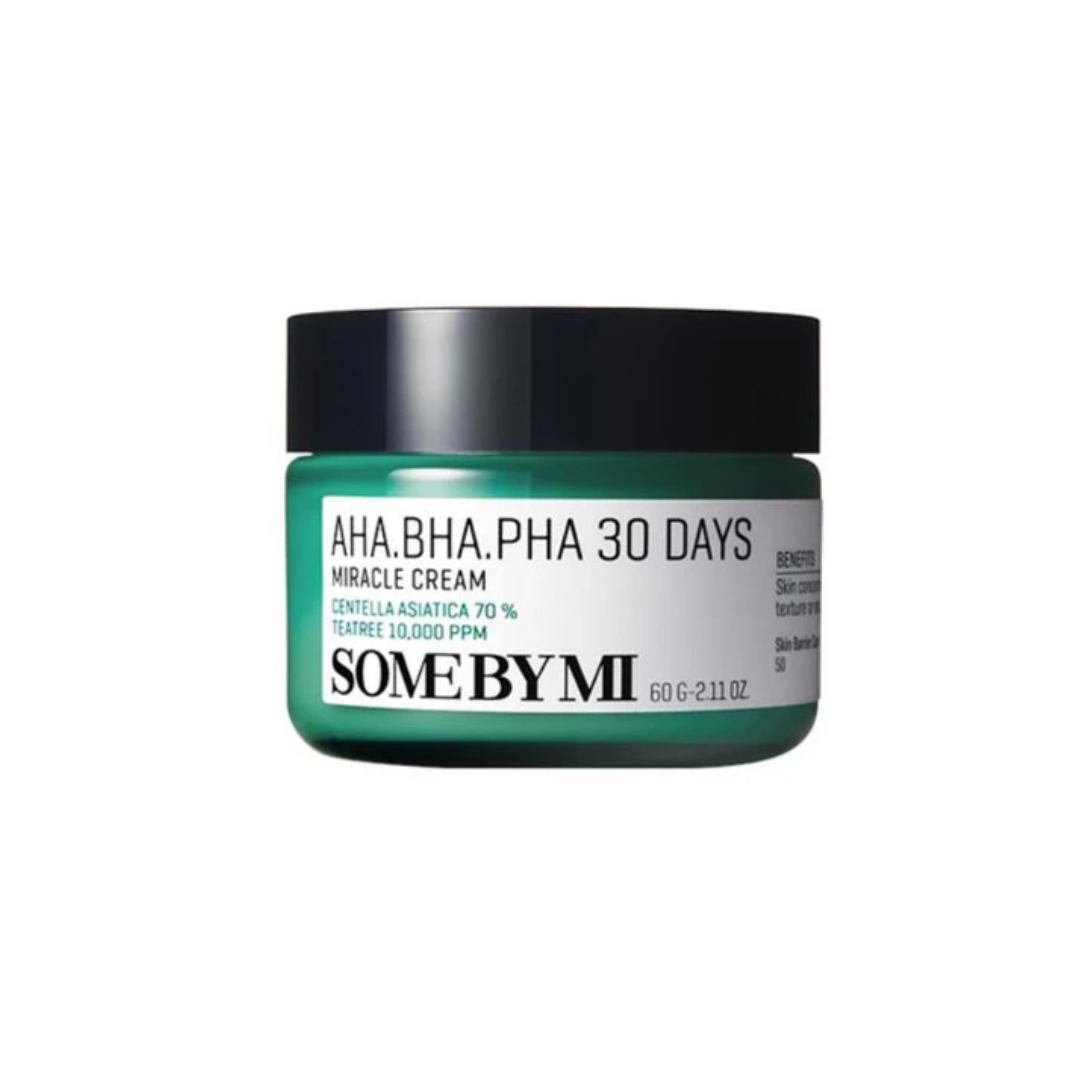 SOME BY MI AHA BHA PHA 30 Days Miracle Cream is a calming and clarifying moisturizer made for troubled, sensitive skin. Infused with Centella Asiatica, Tea Tree Leaf Water, and exfoliating acids like AHA, BHA, and PHA, it helps reduce redness, unclog pores, and smooth uneven texture. With added Niacinamide, Ceramides, and Hyaluronic Acid, this cream keeps skin hydrated, balanced, and visibly clearer with daily use.