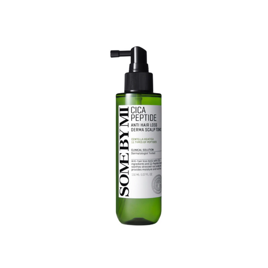 SOME BY MI Cica Peptide Anti Hair Loss Derma Scalp Tonic is a targeted scalp treatment designed to address hair loss and encourage healthier hair growth. Formulated with Cica (Centella Asiatica) and a blend of peptides, it strengthens hair roots and promotes scalp health. With refreshing extracts like Peppermint, Green Tea, and Houttuynia Cordata, this tonic soothes and invigorates, making it perfect for those experiencing hair thinning. It leaves the scalp refreshed and hair looking fuller and stronger.