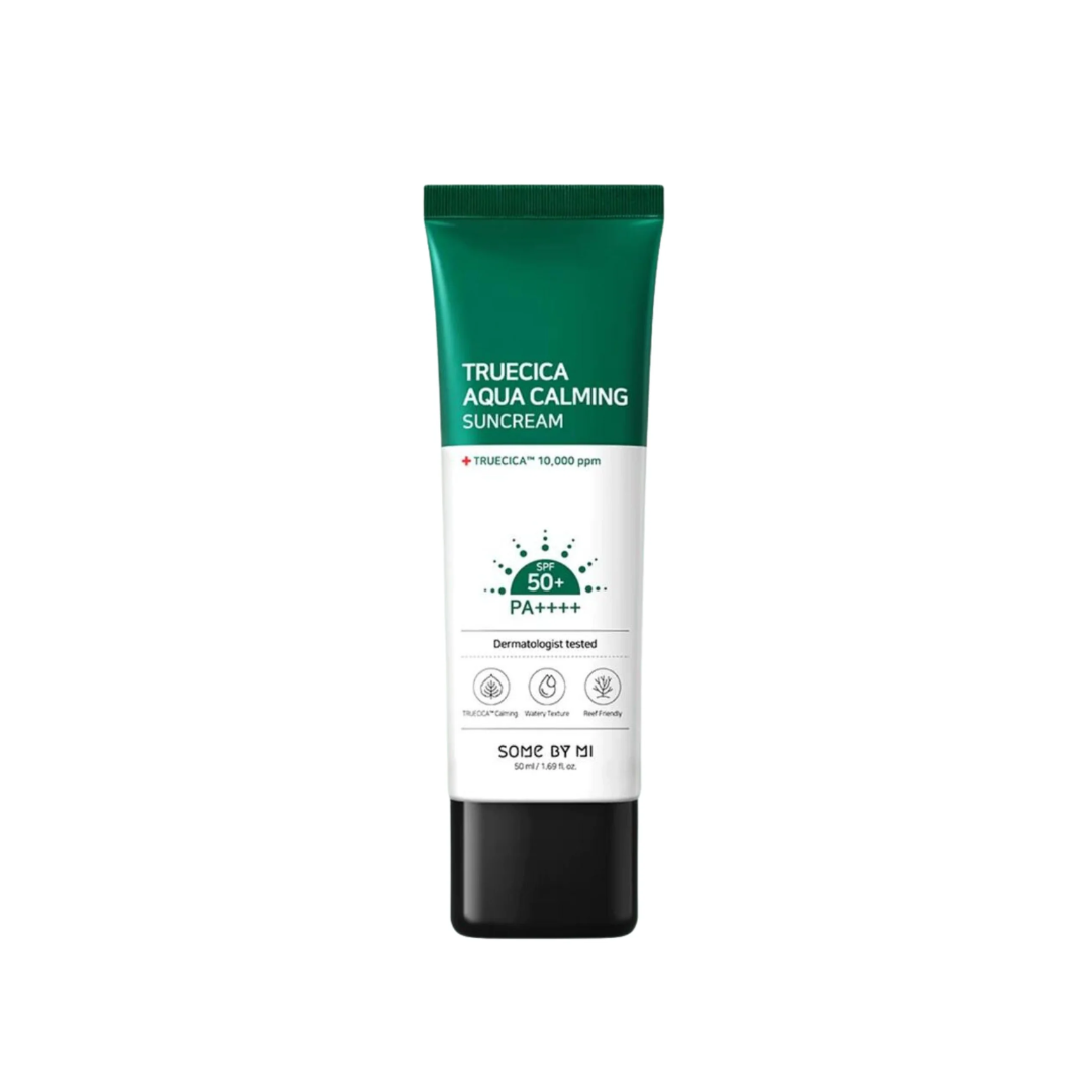 SOME BY MI Truecica Aqua Calming Sun Cream delivers SPF protection while soothing and hydrating your skin. Formulated with Tea Tree Leaf Extract (1%), Centella Asiatica Extract, and calming compounds like Asiaticoside, Madecassic Acid, and Asiatic Acid, it reduces irritation and supports the skin barrier. Enhanced with Niacinamide for brightening and Aloe Vera Leaf Extract for added hydration, this lightweight cream offers a smooth, non-sticky finish. Ideal for sensitive skin, it ensures your skin stays pro