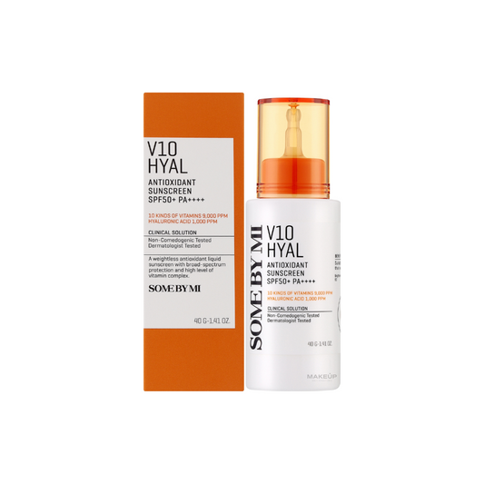 SOME BY MI V10 Hyal Antioxidant Sunscreen combines high sun protection with antioxidant-rich care. Infused with Niacinamide, Glutathione, and 10 types of vitamins, including Ascorbic Acid and Retinol, it helps brighten and rejuvenate the skin while shielding it from UV damage. Hyaluronic Acid and Sodium Hyaluronate provide intense hydration, maintaining a soft and plump complexion. Lightweight and non-sticky, this sunscreen is perfect for daily use, offering a smooth, radiant finish while nourishing and pro