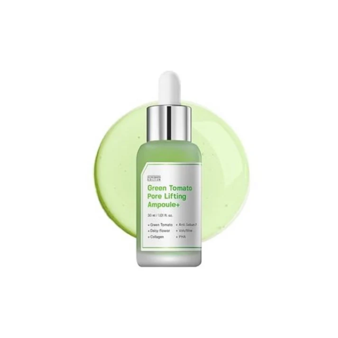 SUNGBOON EDITOR Green Tomato Pore Zero Ampoule+ is a pore-refining ampoule that helps smooth texture and control excess oil. Powered by Green Tomato Extract, Niacinamide, and Tea Tree Oil, it minimizes the look of pores while brightening and calming the skin. Enriched with Hyaluronic Acid, Panthenol, and Ceramide NP, it delivers hydration and strengthens the skin barrier for a balanced, healthy complexion. With added Amber Powder and Botanical Extracts, this lightweight ampoule leaves skin soft, refreshed,