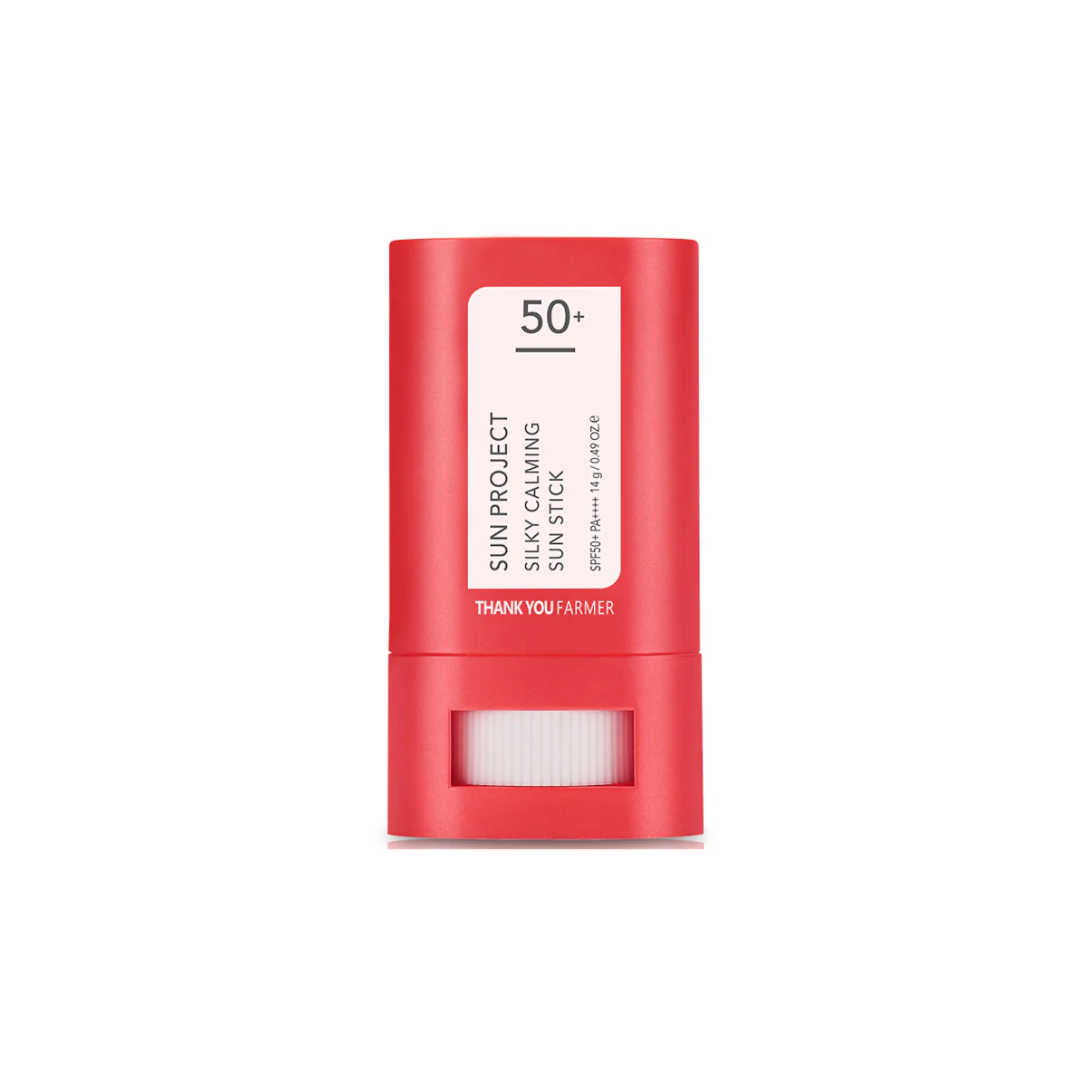 THANK YOU FARMER Sun Project Silky Calming Sun Stick SPF50+ PA++++ offers high-performance sun protection in a convenient stick form. Formulated with Diethylamino Hydroxybenzoyl Hexyl Benzoate and Ethylhexyl Triazone, it shields skin from harmful UV rays while delivering a smooth, silky finish. Enriched with Centella Asiatica Extract, Madecassic Acid, and Asiaticoside, it soothes and calms the skin, making it suitable for sensitive complexions. The addition of Calamine helps to reduce redness and irritation