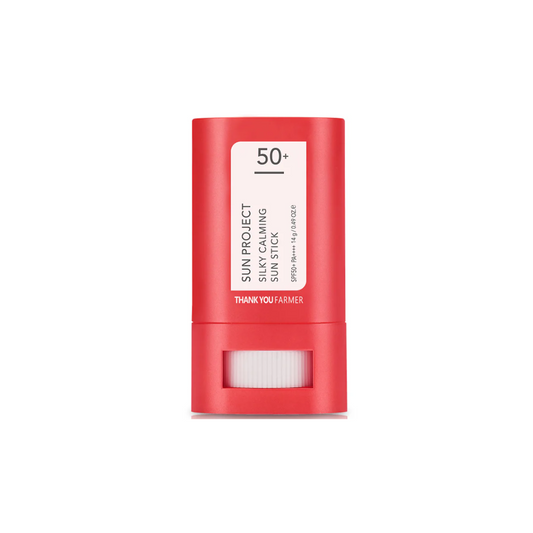 THANK YOU FARMER Sun Project Silky Calming Sun Stick SPF50+ PA++++ offers high-performance sun protection in a convenient stick form. Formulated with Diethylamino Hydroxybenzoyl Hexyl Benzoate and Ethylhexyl Triazone, it shields skin from harmful UV rays while delivering a smooth, silky finish. Enriched with Centella Asiatica Extract, Madecassic Acid, and Asiaticoside, it soothes and calms the skin, making it suitable for sensitive complexions. The addition of Calamine helps to reduce redness and irritation
