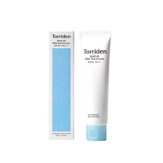 TORRIDEN DIVE-IN Mild Sun Cream combines effective sun protection with deep hydration for sensitive skin. Powered by Zinc Oxide for broad-spectrum SPF defense, it features an advanced 8-layer Hyaluronic Acid Complex to lock in moisture and maintain skin hydration throughout the day. Enriched with Panthenol, Allantoin, and Ceramide, it soothes and strengthens the skin barrier, while botanical extracts like Witch Hazel, Chamomile, and Aloe Vera calm and nourish. This lightweight, non-greasy formula ensures a