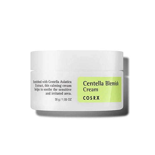 COSRX Centella Blemish Cream is a soothing spot treatment designed to calm and heal troubled skin. Infused with Centella Asiatica Leaf Water, Zinc Oxide, and Tea Tree Leaf Oil, it helps reduce redness, support skin recovery, and control excess sebum. The creamy texture gently moisturizes without clogging pores, making it ideal for targeting blemishes and maintaining a clear, balanced complexion.