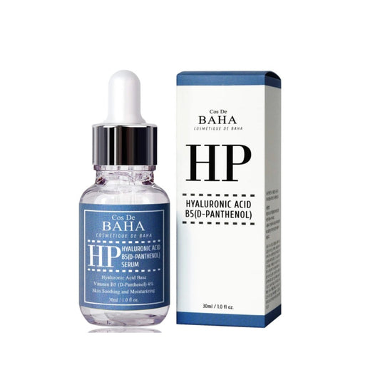 COS DE BAHA (HP) Hyaluronic Acid + B5 (D-Panthenol) Serum offers intense hydration and skin barrier support, ideal for all skin types. It combines Hyaluronic Acid with Vitamin B5 to deeply moisturize and enhance skin resilience. Niacinamide improves skin texture and clarity, while a mix of soothing botanical extracts, including Rosa Damascena and Lavender, calms the skin. Use this serum regularly to maintain a hydrated, smooth, and healthy complexion.