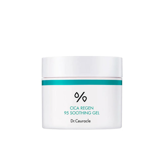 DR. CEURACLE Cica Regen 95 Soothing Gel is a calming gel formulated with 95% Centella Asiatica Extract to soothe and hydrate sensitive or irritated skin. Enriched with Madecassoside, Asiaticoside, and Lotus Flower Extract, it helps strengthen the skin barrier, reduce redness, and provide refreshing moisture. Its lightweight, fast-absorbing texture leaves the skin feeling soft, calm, and revitalized.