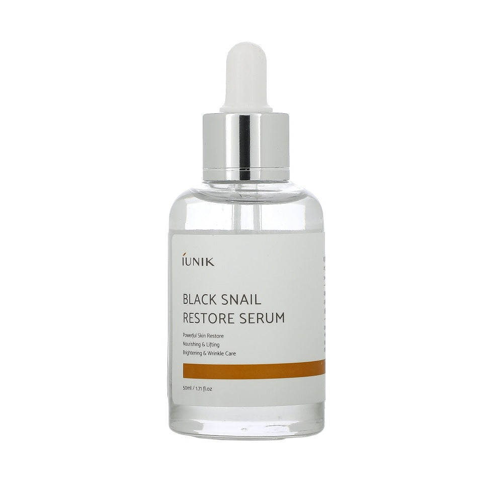 IUNIK Black Snail Restore Serum combines the restorative power of Snail Extract with the calming benefits of Centella Asiatica Leaf Water to repair and revitalize the skin. This serum deeply hydrates, enhances elasticity, and smooths the skin's texture for a radiant glow. Infused with natural extracts like Green Tea, Chamomile, and Rosemary, it soothes irritation and provides antioxidant protection. Suitable for all skin types, this formula promotes skin recovery and leaves your complexion soft, balanced, a