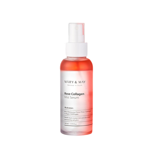 MARY & MAY Rose Collagen Mist Serum is a hydrating mist that combines the refreshing benefits of Rose Water with the firming power of Collagen Extracts. Infused with Niacinamide, Hyaluronic Acid, and nourishing plant oils, it helps brighten, plump, and moisturize the skin while improving elasticity. With its fine spray, this mist serum delivers instant hydration and radiance anytime your skin needs a boost.