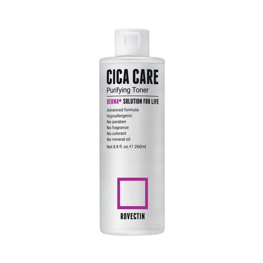 ROVECTIN Cica Care Purifying Toner is specially formulated to calm and refresh sensitive skin while restoring hydration and balance. Infused with Centella Asiatica Extract and Madecassoside, it soothes irritation and strengthens the skin barrier. With Houttuynia Cordata Extract and Jasmine Flower Extract, this toner gently purifies and revitalizes the skin, leaving it smooth and ready for your next skincare steps. Perfect for sensitive or problem-prone skin.