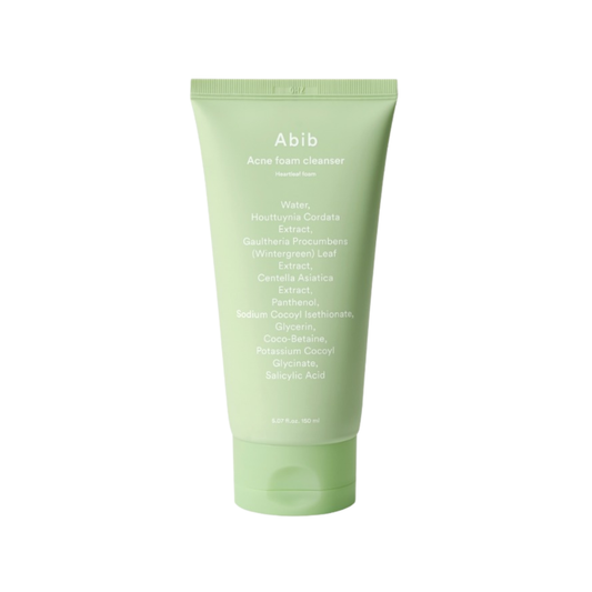 ABIB Acne Foam Cleanser Heartleaf Foam is a refreshing daily cleanser made for acne-prone, oily, and combination skin. Enriched with Salicylic Acid, Heartleaf Extract, Centella Asiatica Extract, and Panthenol, it helps cleanse away impurities, reduce excess sebum, and soothe the skin. The soft foam texture leaves the skin feeling clean, calm, and balanced.