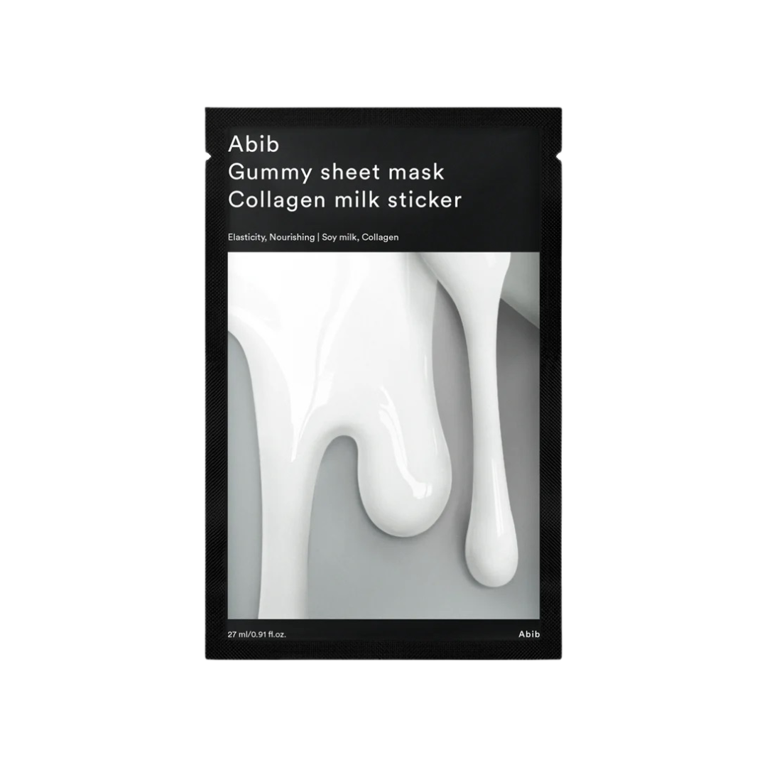 ABIB Gummy Sheet Mask Collagen Milk Sticker is a rich, nourishing sheet mask designed to deeply hydrate and improve skin elasticity. Infused with Collagen Extract and Lactobacillus/Soymilk Ferment Filtrate, it helps soften and smooth the skin while supporting a healthy moisture barrier. Niacinamide brightens the complexion, while Panthenol and Centella Asiatica calm and soothe. The unique “gummy” microfiber sheet adheres closely to the skin to deliver intense hydration and nutrients, leaving your skin plump