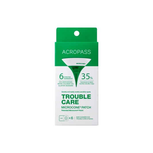 ACROPASS Trouble Care Microcone Patch Set is an advanced spot treatment designed to help improve the appearance of breakouts. Infused with Niacinamide, Madecassoside, and Centella Asiatica Extract, it soothes and supports skin recovery while delivering hydration with Sodium Hyaluronate. The included Skin Cleanser Sachet with Tea Tree Leaf Oil and Salicylic Acid helps purify pores and reduce excess oil, leaving skin clearer and more balanced.