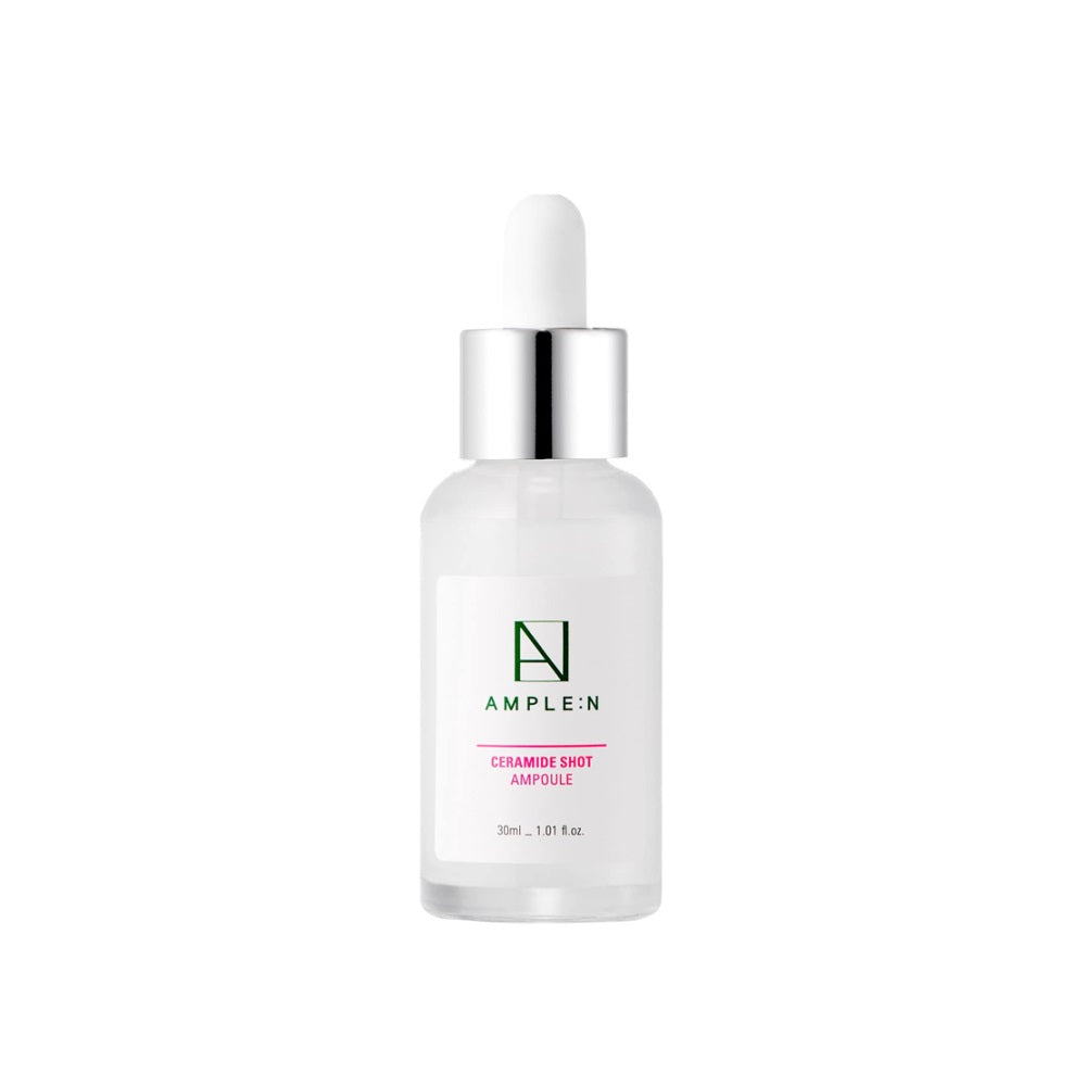 AMPLE_N_Ceramide_Shot_Ampoule - This soothing ampoule is enriched with three types of Ceramides and Niacinamide, offering a powerful blend for strengthening the skin's barrier, enhancing moisture retention, and improving skin tone. Its unique milky texture is designed for quick absorption, providing deep hydration without leaving a greasy residue. This formula is particularly beneficial for boosting skin elasticity and achieving a plump, youthful complexion. Suitable for all skin types, it addresses concern