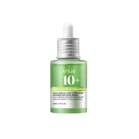 ANUA Azelaic Acid 10 Hyaluron Redness Soothing Serum is a gentle formula designed to calm irritation, reduce redness, and even out skin tone. With 10% Azelaic Acid, it effectively targets blemishes and discoloration. Infused with Centella Asiatica, Madecassoside, and Aloe Barbadensis Leaf Juice, it soothes sensitive skin while Sodium Hyaluronate and Squalane provide deep hydration. Ceramide NP enhances the skin barrier, making it ideal for those with sensitive or redness-prone skin seeking comfort and balan